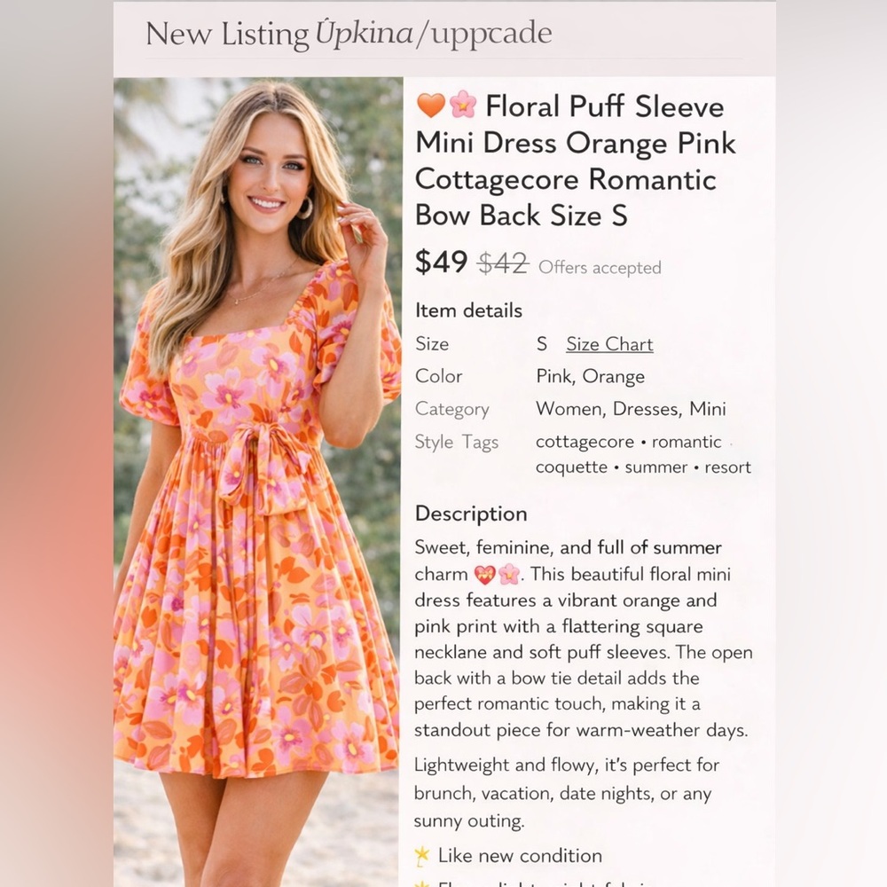Floral Puff Sleeve Mini Dress Orange Pink Cottagecore Romantic Bow Back Size S